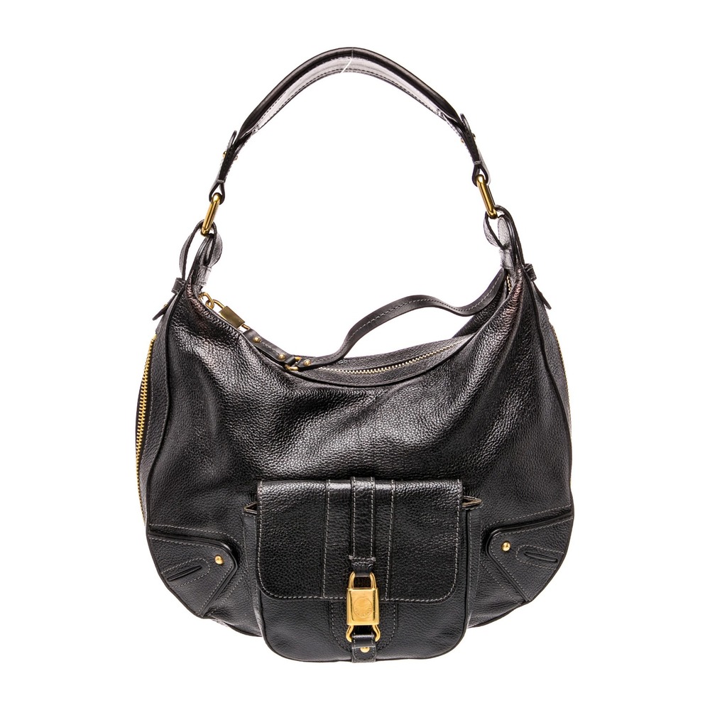 Marc Jacobs Vtg Black Pebbled Leather Hobo Bag Padlock Gold Hardware Italy